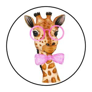 30 GIRAFFE WITH PINK GLASSES ENVELOPE SEALS LABELS STICKERS PARTY FAVORS  1.5"